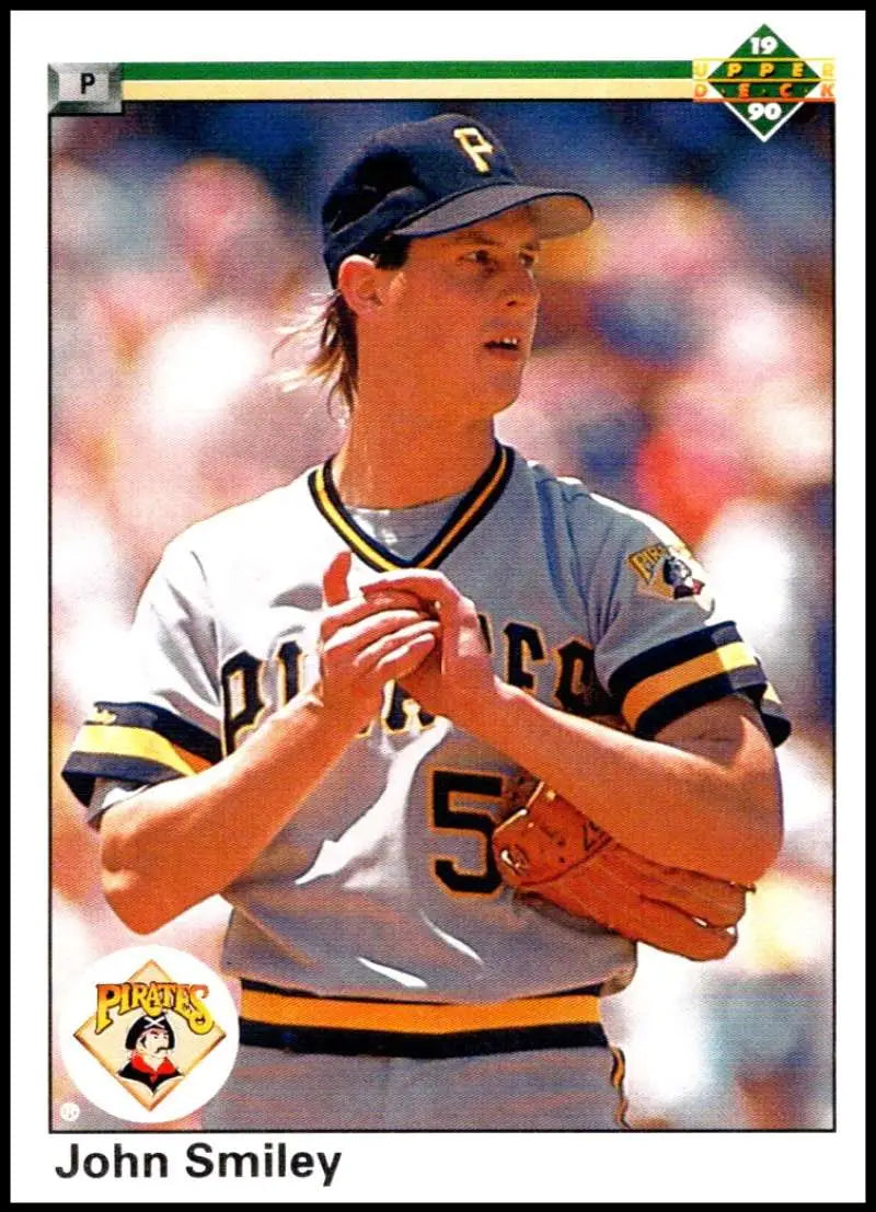 John Smiley in a white Pittsburgh Pirates uniform on 1990 Upper Deck baseball card