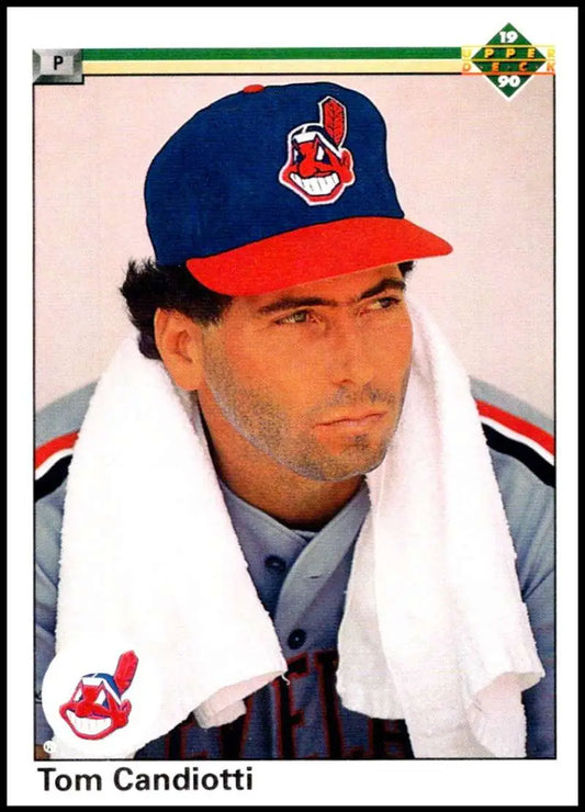 Cleveland Indians player Tom Candiotti wearing team cap and towel on baseball card