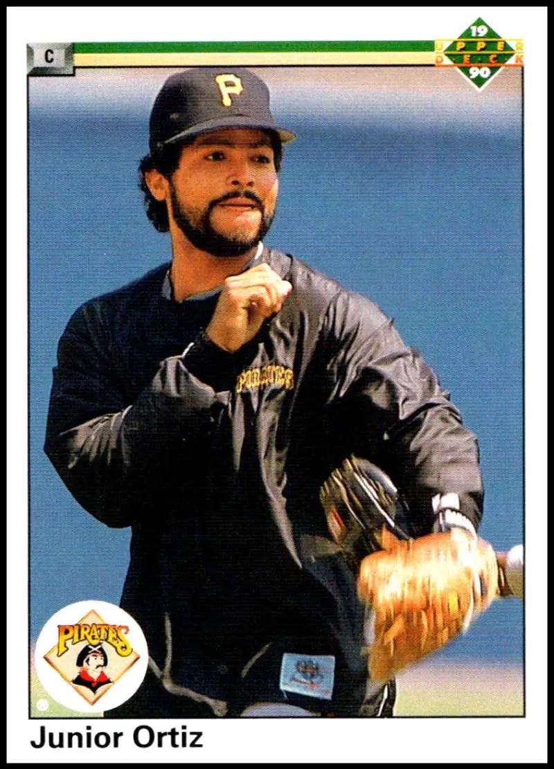 Junior Ortiz pitching in a black uniform for the Pittsburgh Pirates baseball card