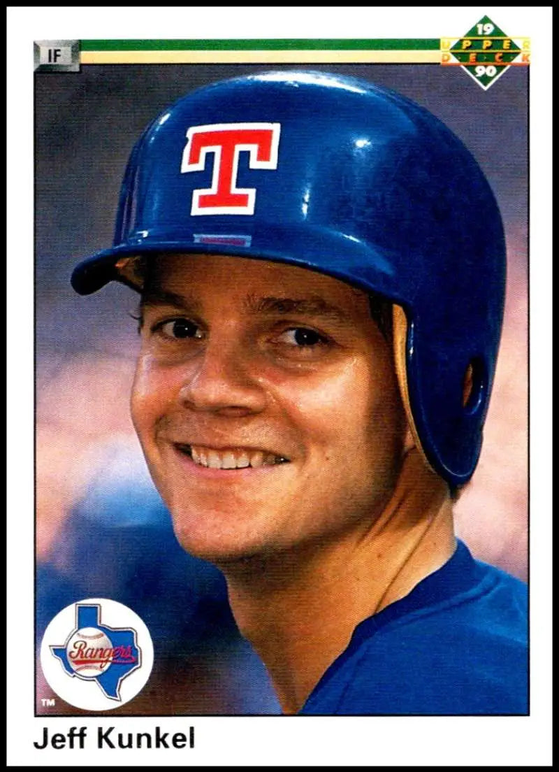 Jeff Kunkel in a blue Texas Rangers batting helmet, featured in Upper Deck card