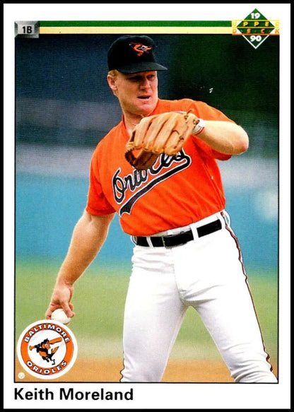 Keith Moreland in orange Baltimore Orioles jersey pitching on Upper Deck baseball card