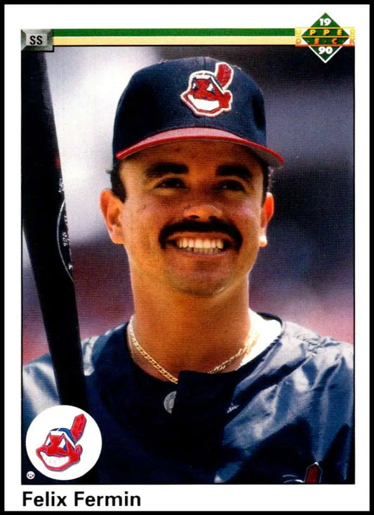 Felix Fermin of the Cleveland Indians in navy uniform on a baseball card