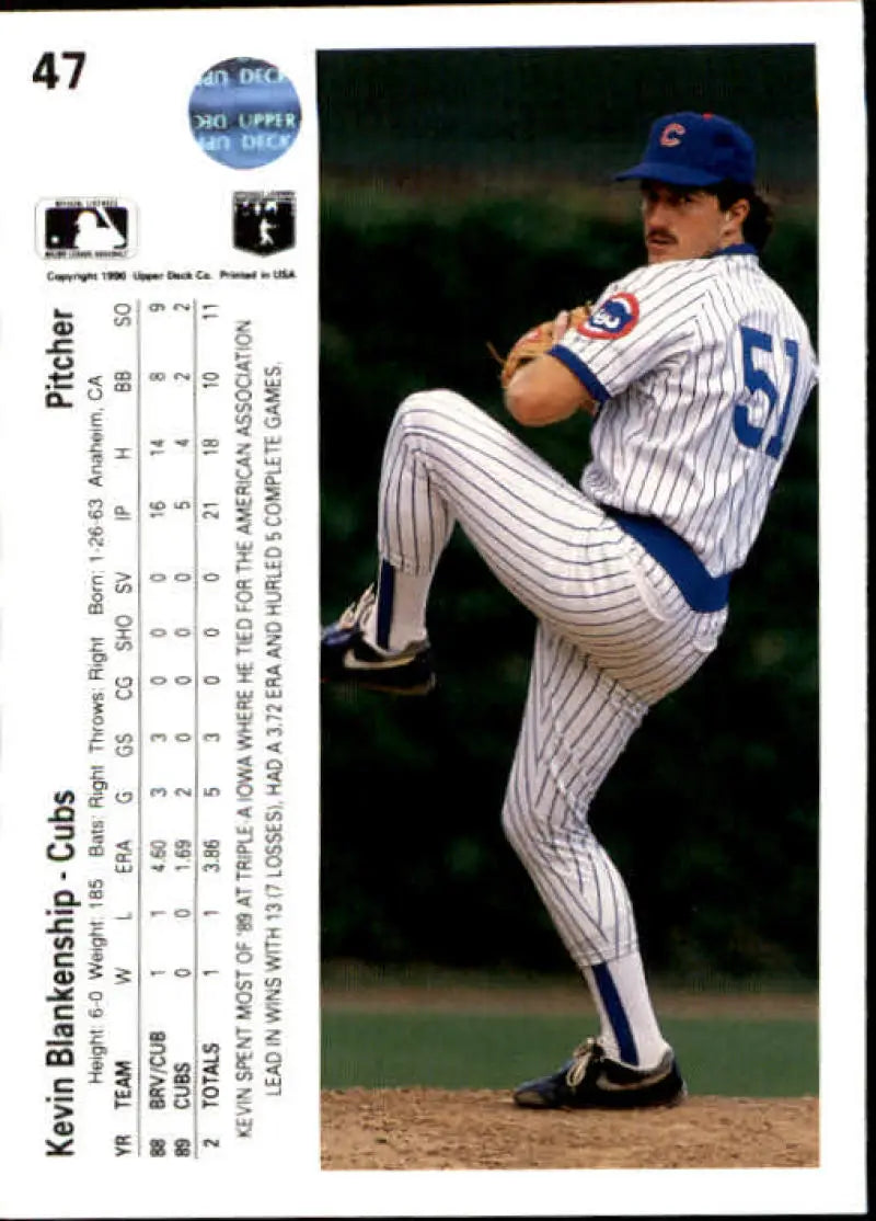 Baseball player in Chicago Cubs pinstriped uniform pitching, Kevin Blankenship card