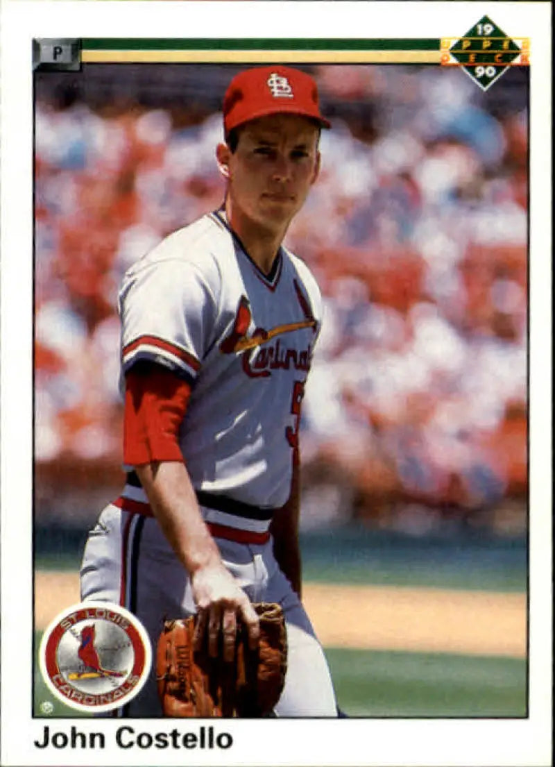 John Costello in white and red uniform with glove on St. Louis Cardinals card