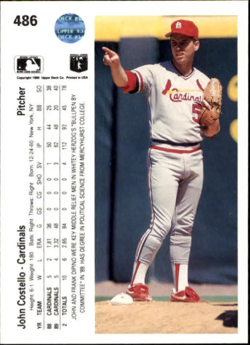 John Costello pitching in white and red uniform on 1990 Upper Deck St. Louis Cardinals card