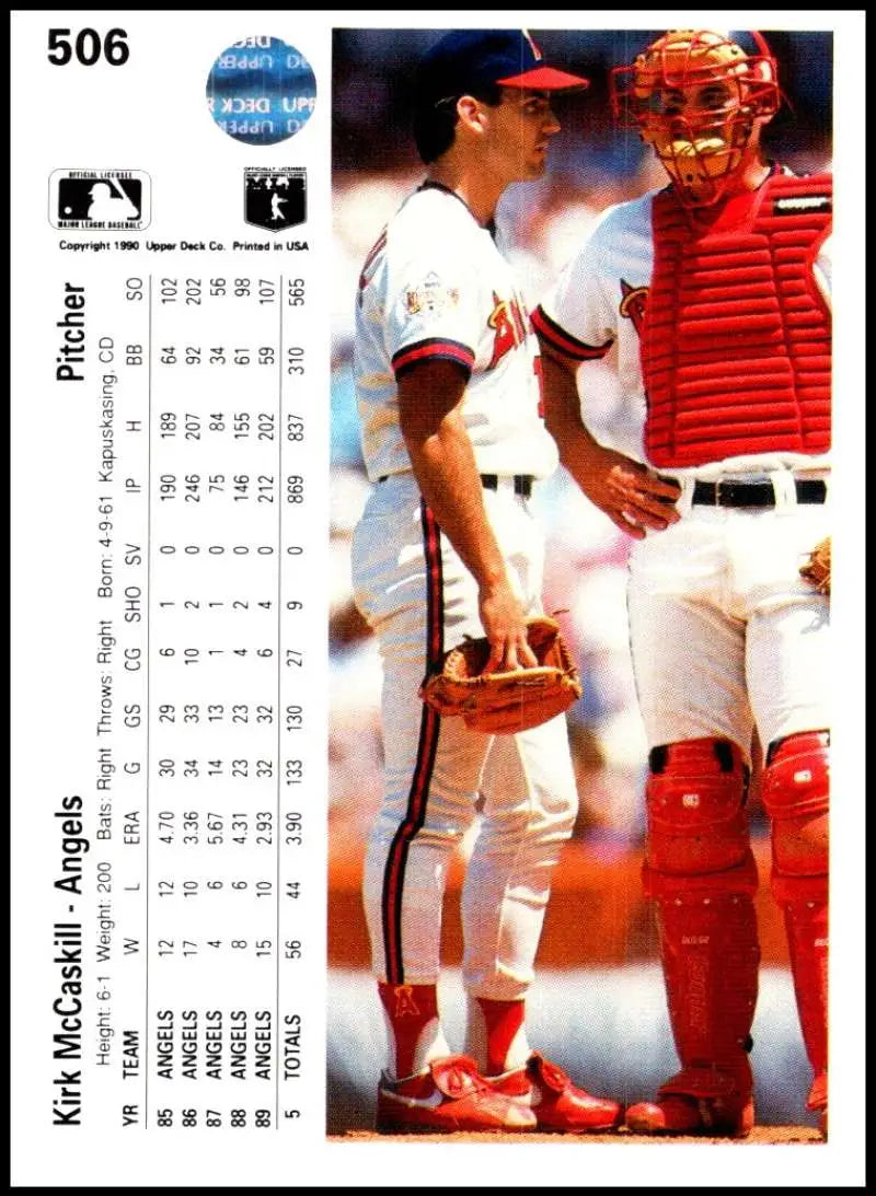 Baseball card of Kirk McCaskill and catcher conversing on the mound for California Angels