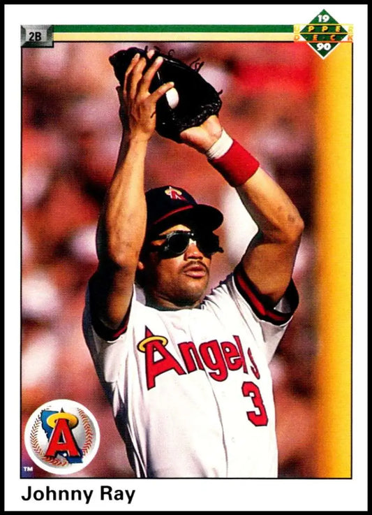 Baseball player in Angels uniform catching ball on 1990 Johnny Ray baseball card