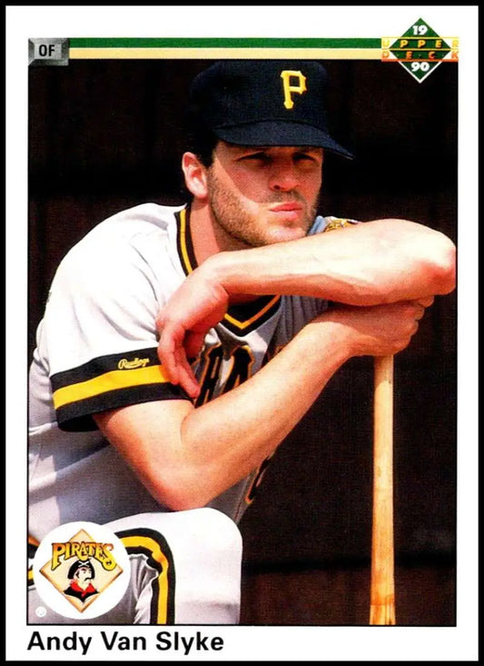 Andy Van Slyke in white uniform leaning on bat, 1990 Upper Deck Pirates card