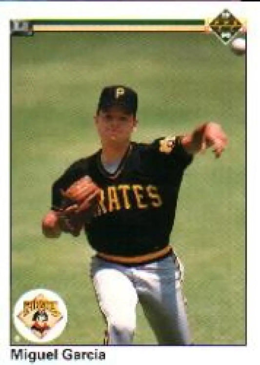 Pittsburgh Pirates player Miguel Garcia pitching on 1990 Upper Deck baseball card