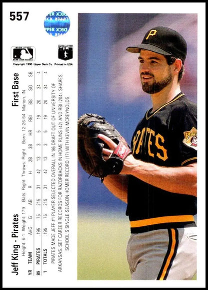 Baseball card of Jeff King in black and yellow Pittsburgh Pirates uniform