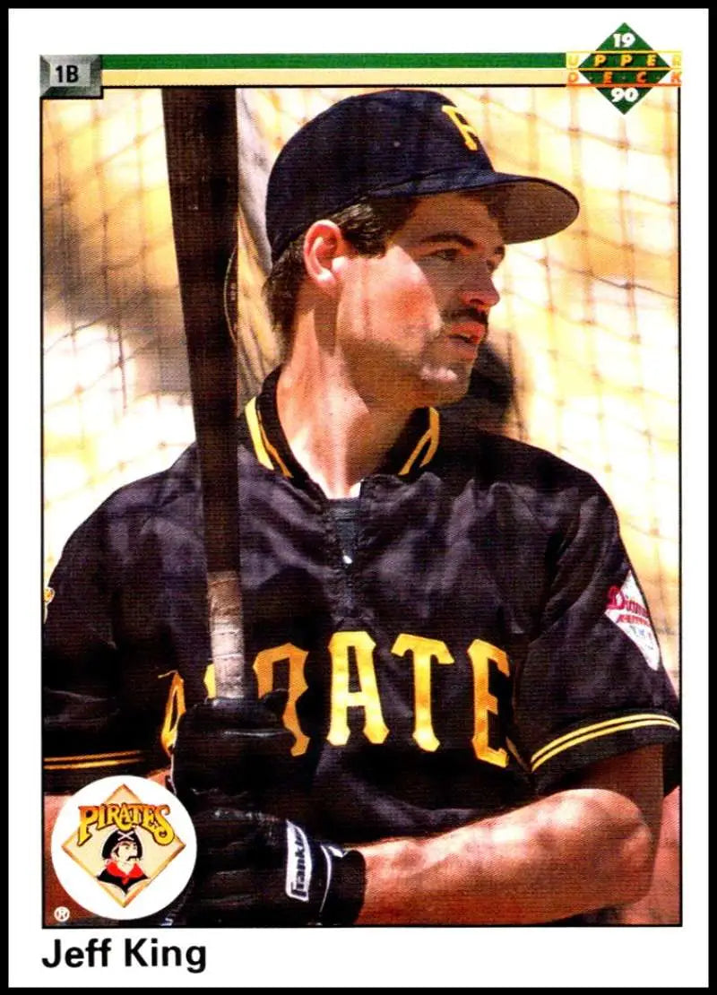 Jeff King in black Pittsburgh Pirates uniform holding bat on baseball card