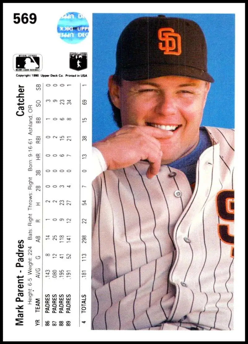 Mark Parent San Diego Padres Baseball Card in Pinstripes from Upper Deck 1990