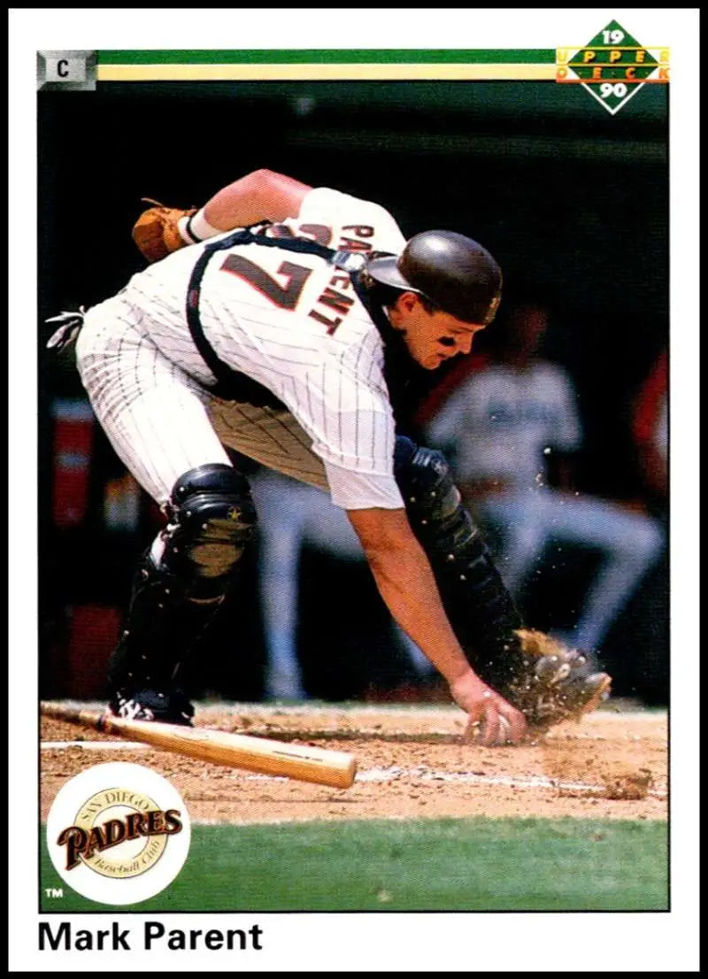 Baseball player Mark Parent in Padres uniform near home plate on Upper Deck card