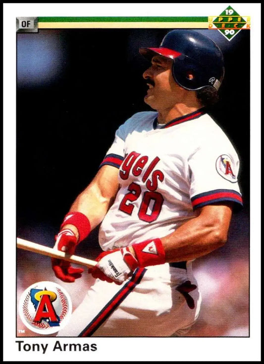 Baseball card featuring Tony Armas swinging in California Angels uniform