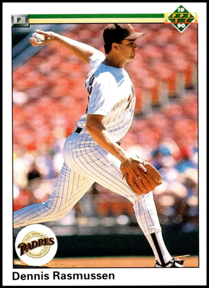 Dennis Rasmussen mid-pitch in white pinstriped San Diego Padres uniform