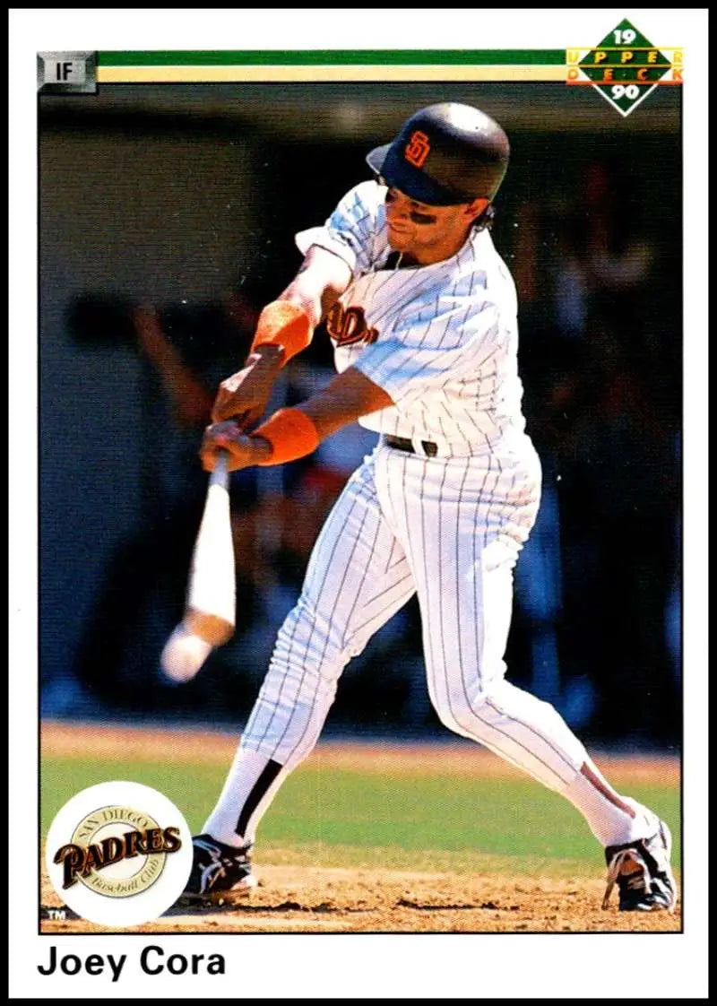 Joey Cora swinging a bat in white pinstriped San Diego Padres uniform