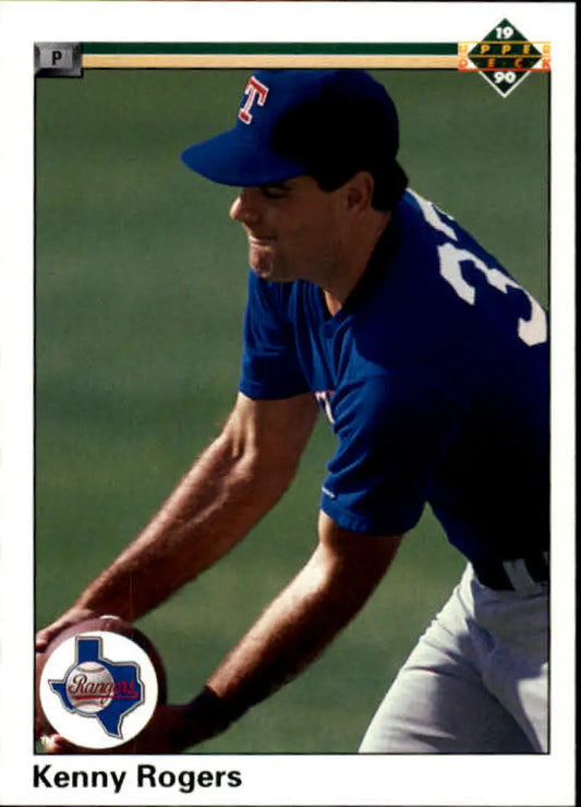 Kenny Rogers in blue Texas Rangers uniform mid-pitch on baseball card image