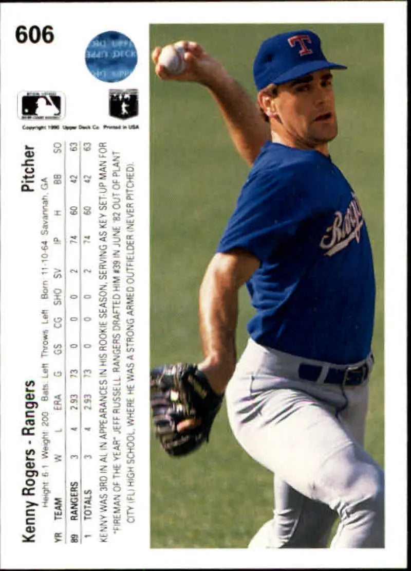 Kenny Rogers Texas Rangers baseball card showing pitcher mid-delivery in blue uniform