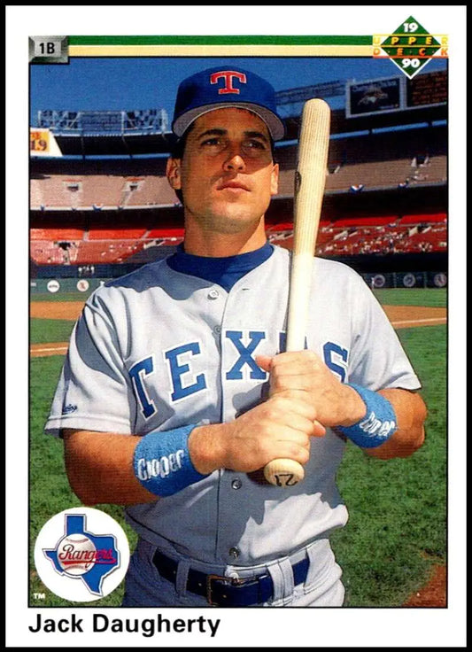 Jack Daugherty in Texas Rangers uniform holding bat on 1990 baseball card