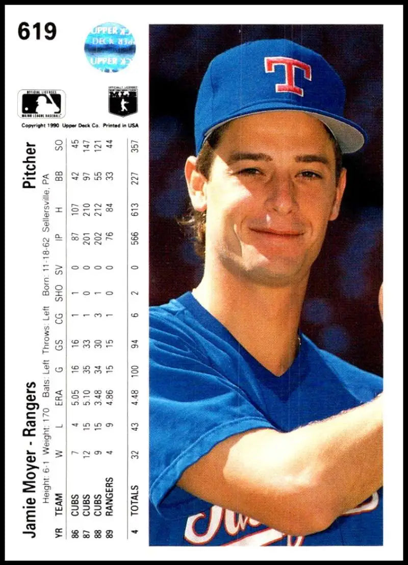 1990 Upper Deck Jamie Moyer Texas Rangers baseball card in blue uniform and cap