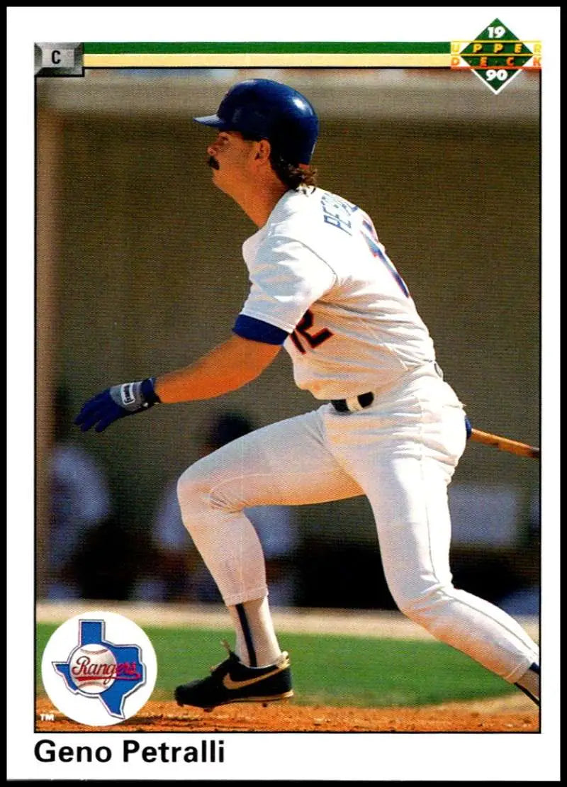 Geno Petralli swinging a bat for the Texas Rangers on a Upper Deck baseball card