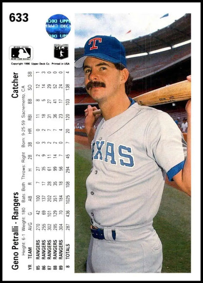 Geno Petralli Texas Rangers Upper Deck baseball card with distinctive mustache