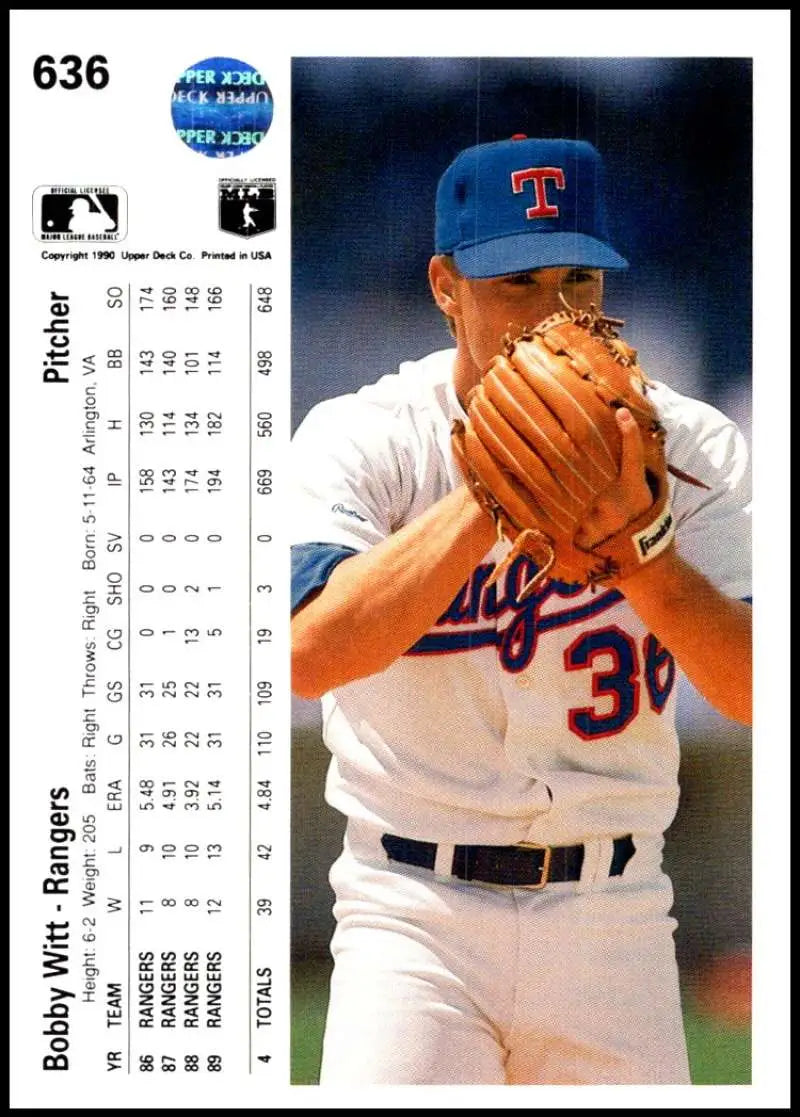 Bobby Witt 1990 Upper Deck Texas Rangers Baseball Card in white uniform and blue cap