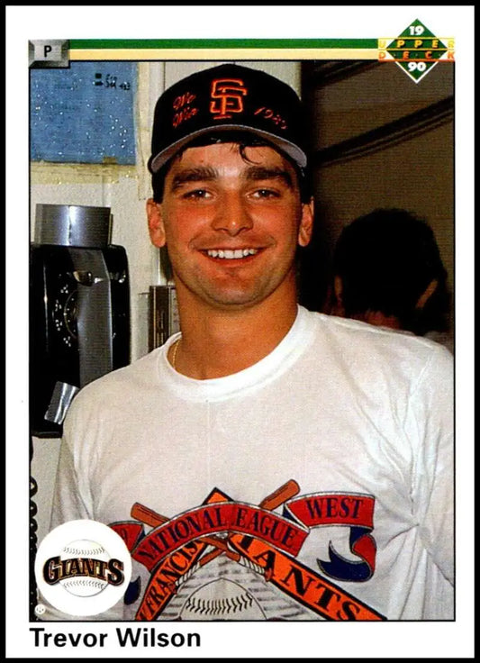 Baseball player in San Francisco Giants cap and World Series shirt with Jeff Russell baseball card