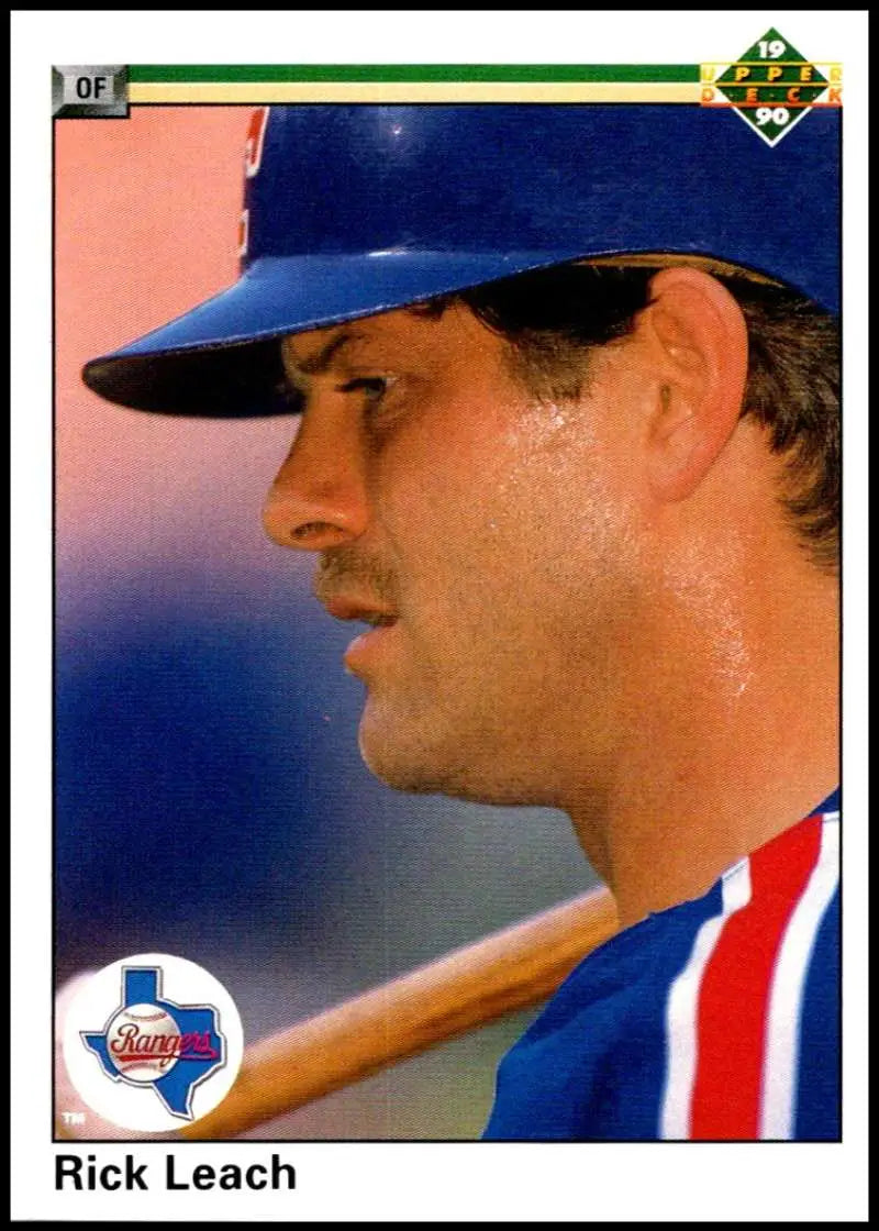 Baseball player in blue and red uniform profile on Rick Leach Texas Rangers card