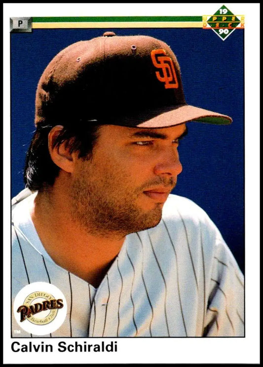 San Diego Padres player Calvin Schiraldi in pinstriped uniform and brown cap