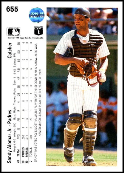 Baseball catcher in white pinstripes with brown gear from Upper Deck Sandy Alomar card