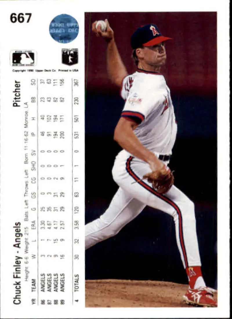 Baseball player in white Angels uniform mid-pitch, showcasing Chuck Finley UER