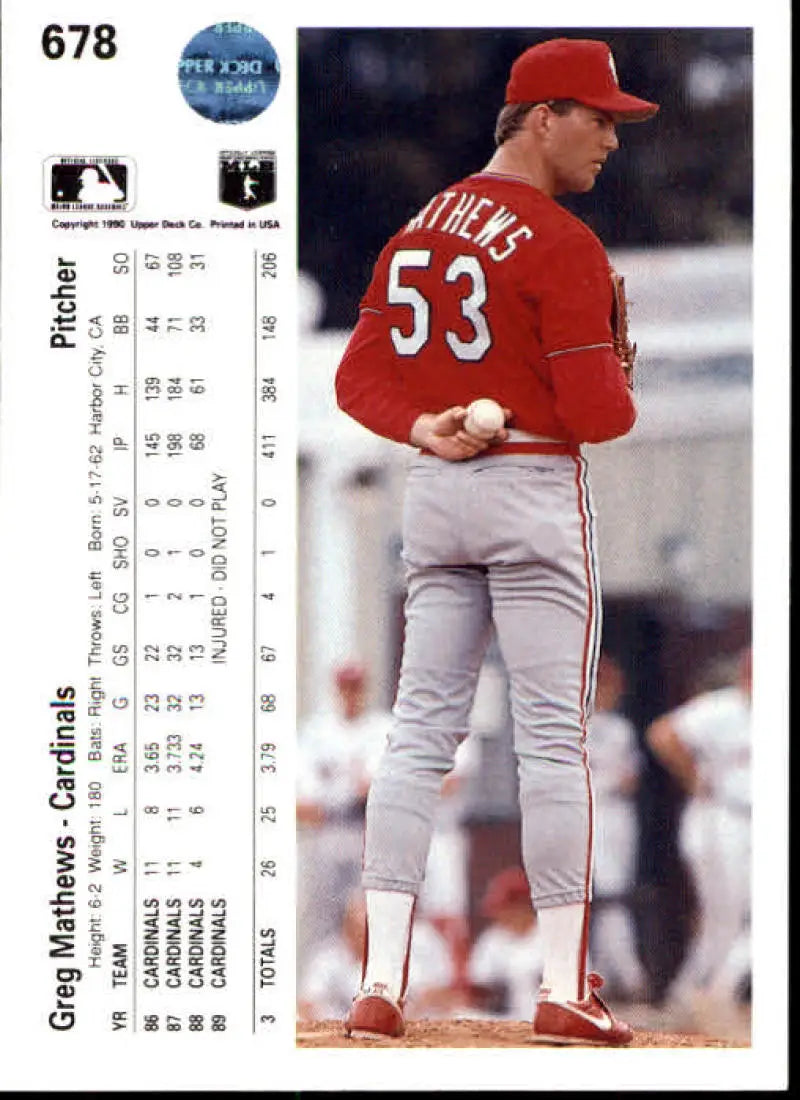 Greg Mathews baseball card featuring Cincinnati Reds pitcher in red jersey number 53