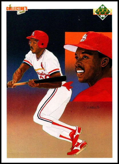 Baseball player in red cap and white uniform bunting on Vince Coleman baseball card