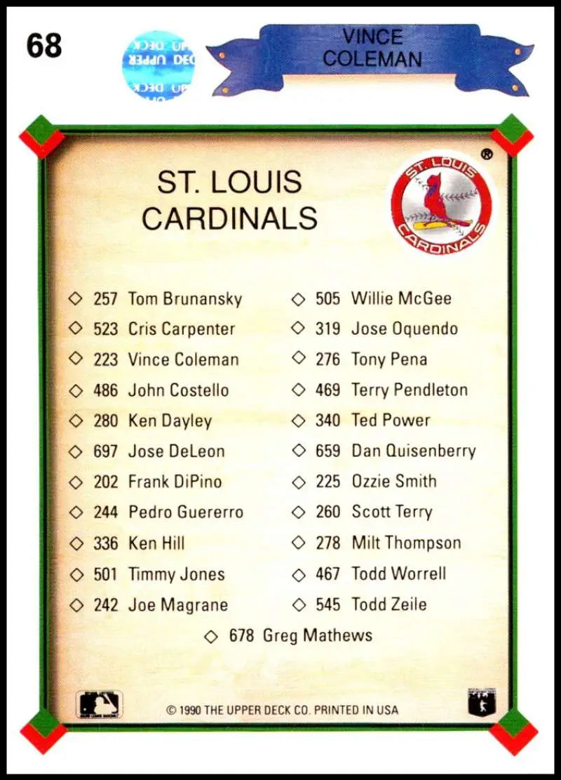 Baseball card checklist featuring St. Louis Cardinals players, including Vince Coleman, from 1988