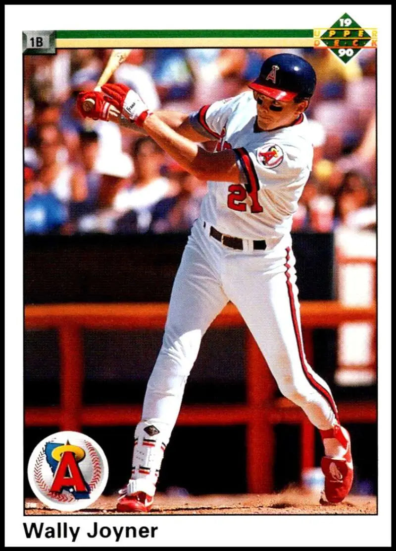 Baseball player in Angels uniform taking a batting stance on Wally Joyner baseball card