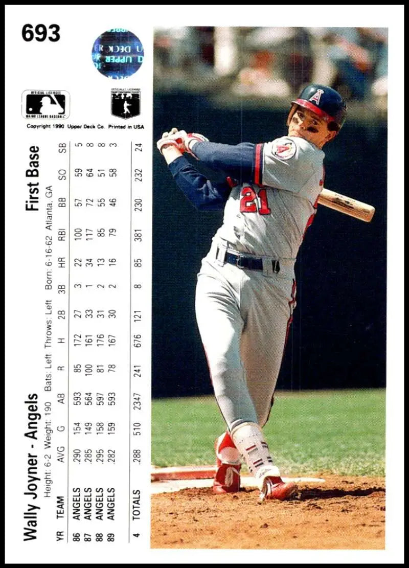 Baseball player in Atlanta Braves uniform swinging bat for Wally Joyner baseball card