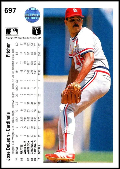 Jose DeLeon pitching in a St. Louis Cardinals uniform on a baseball card