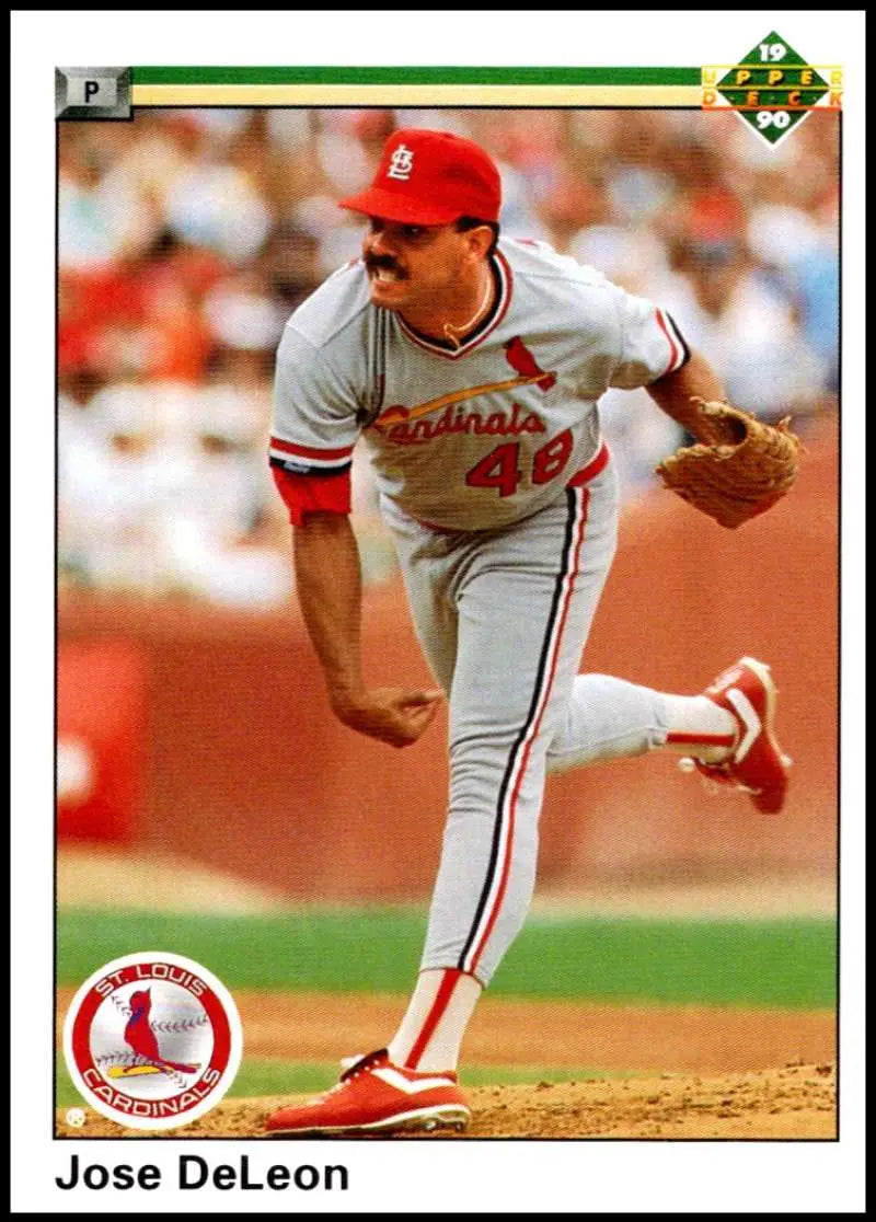 Jose DeLeon pitching for the Louis Cardinals on a 1990 Upper Deck baseball card