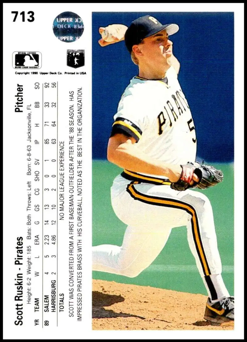 Baseball card of Scott Ruskin, Rookie Pittsburgh Pirates pitcher in action