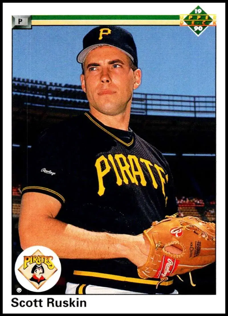 Baseball player in Pittsburgh Pirates uniform holding glove, Scott Ruskin rookie card