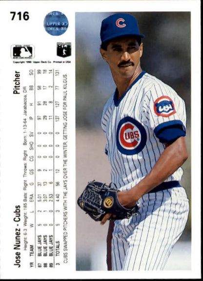 Jose Nunez Chicago Cubs baseball card in home pinstriped uniform, 1990 Upper Deck #716