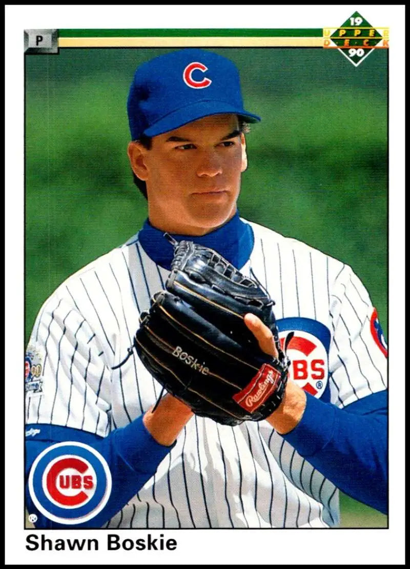 Shawn Boskie in pinstripe uniform with glove on 1990 Chicago Cubs baseball card