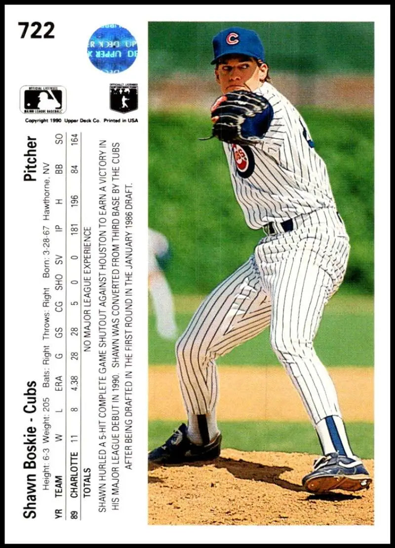 Shawn Boskie delivering from the mound in pinstripe Chicago Cubs uniform on baseball card