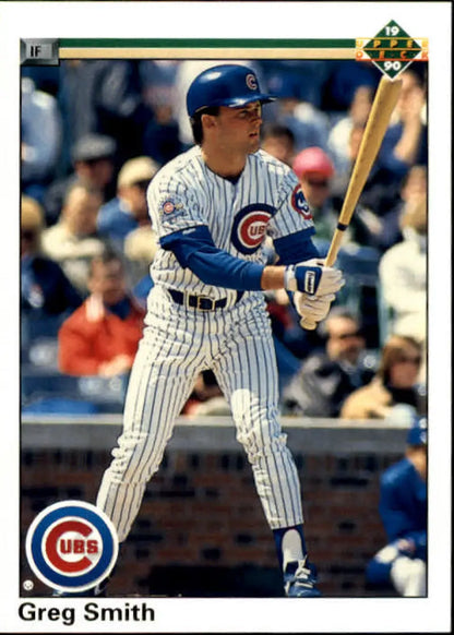 Greg Smith Rookie Card featuring Chicago Cubs player in pinstriped uniform at bat