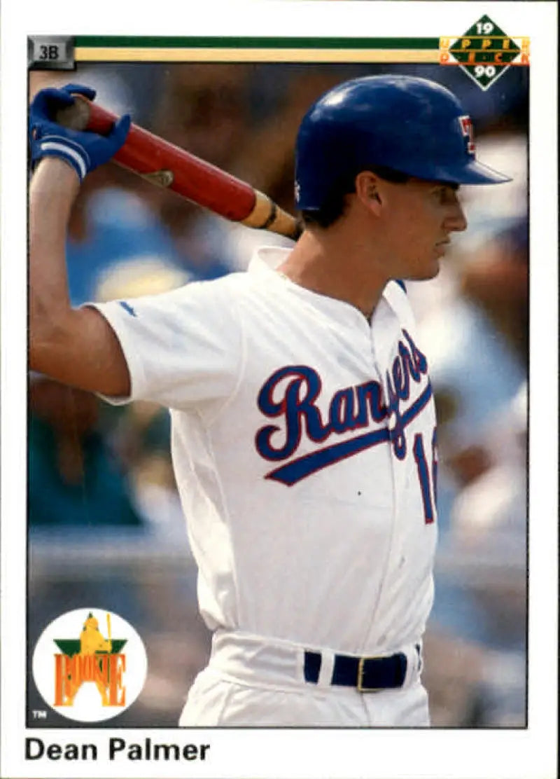 Baseball player in Texas Rangers uniform holding bat on Dean Palmer UER card