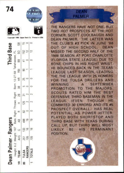 Baseball trading card of Dean Palmer UER showcasing Texas Rangers statistics and bio