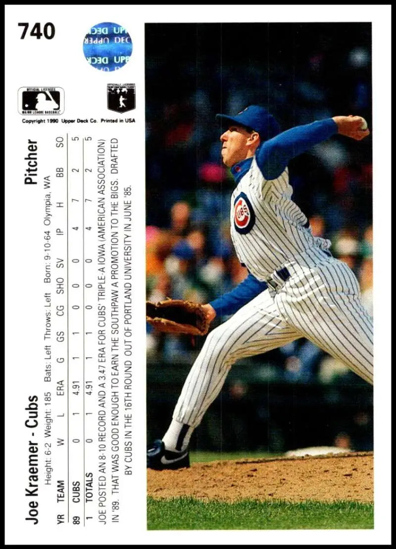 Joe Kraemer delivering on mound in Chicago Cubs pinstriped uniform baseball card