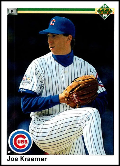 Baseball player Joe Kraemer in Chicago Cubs uniform holding a glove on baseball card