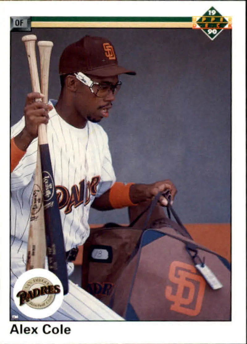 San Diego Padres player Alex Cole in uniform holding baseball equipment for Upper Deck card